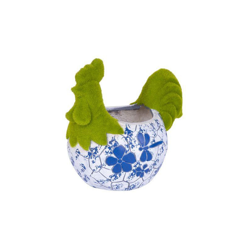 Dekorácia MagicHome, Kohútik s kvetináčom, modrý ornament, keramika, 34,5x24x30,5 cm