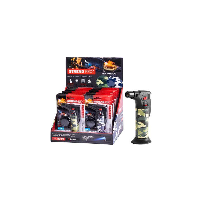 Zapaľovač Strend Pro Mini horák so stojanom, kamufláž, plniteľný, 75x45x120 mm, Sellbox 12 ks