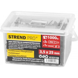Sada vrutov Strend Pro, skrutky do sadrokartónu, 3,5x25 mm, s 2x bitmi a magnetickým držiakom, v dóze, bal. 1000 ks